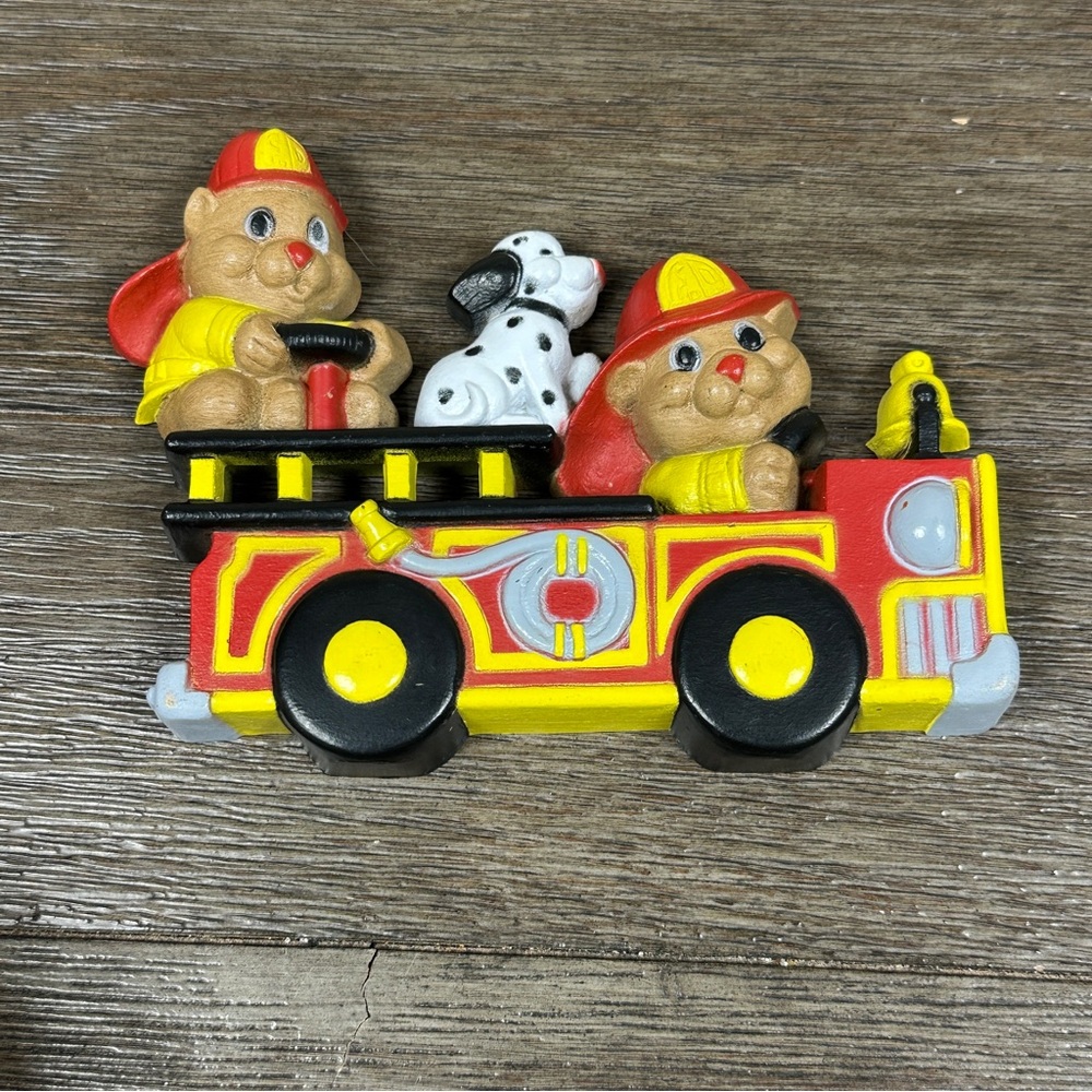 Homco Vintage Red and Yellow Fire Truck Toy with Animal Characters